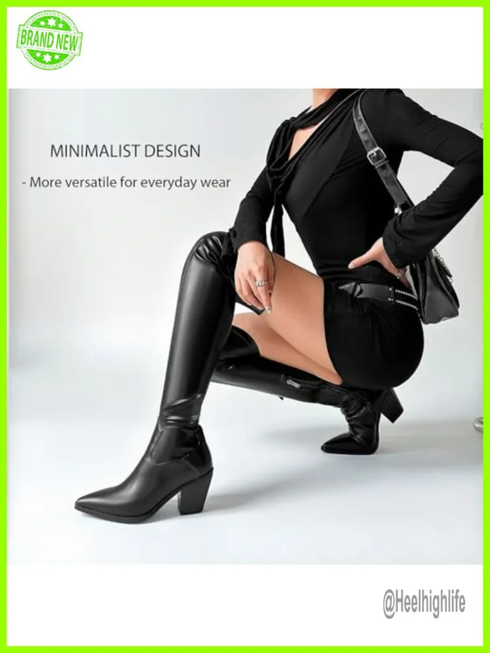 Stretch PU Leather Over-the-Knee Boots Block Heel Pointed Toe Zip Closure